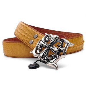 Crocodile Patterned Yellow Leather Belt with Silver Plated Steel Buckle (0209)